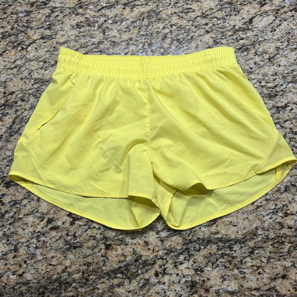 All in Motion Womens Neon Yellow Running Shorts Size M Mesh Trim Zipper Pocket‎